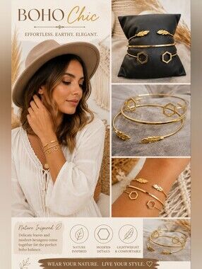 Gold Leaf & Hexagon Open Cuff Bangles | Minimalist Stackable Bracelet Set
